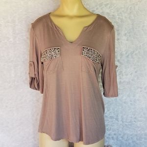 Taupe Tee with Rhinestone Pocket Accents